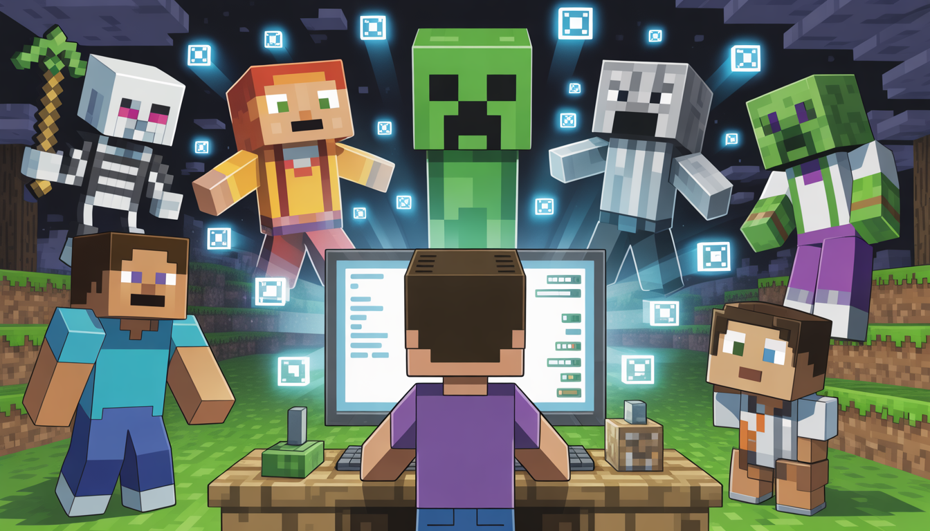 Child learning Minecraft programming with command blocks and characters