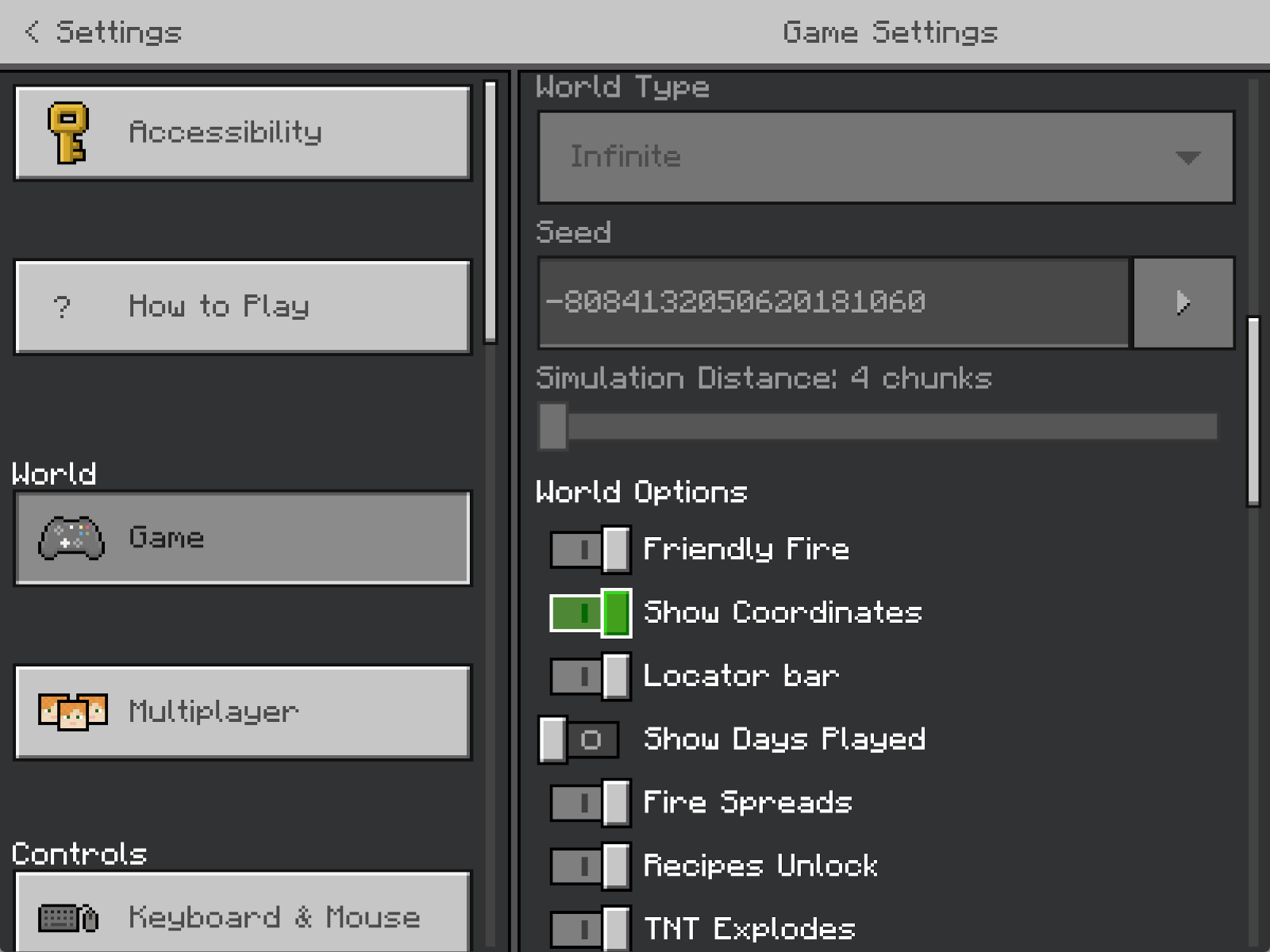 Show Coordinates setting in Minecraft